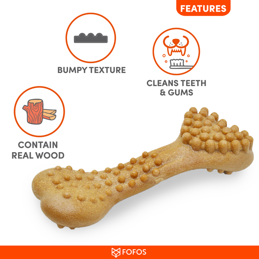 BarkButler x FOFOS Woodplay Brush Bone Durable Dog Chew Toy - Brown, Real Wood Fibre Dog Toys, Cleans Teeth, Massages Gums, Splinter-Free, Non-Toxic Wooden Dog Toy for Medium-Large Breeds (10-30kg)