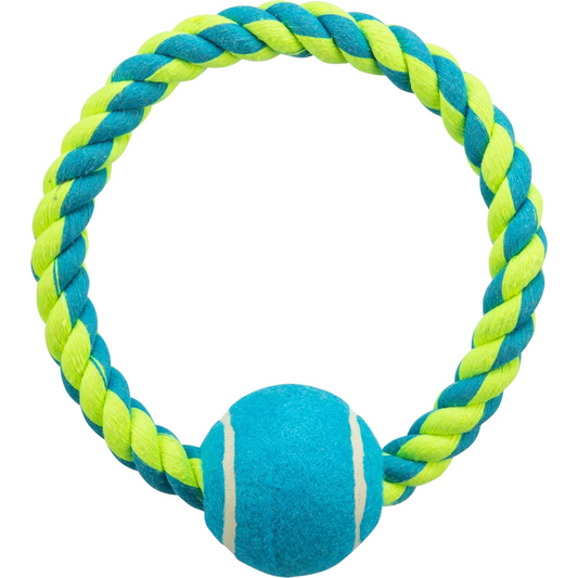 Trixie Pet Playing Ring Rope Toy with Tennis Ball for Dogs, Cotton/Polyester Material, Dog Chew Toy, Dental Hygiene
